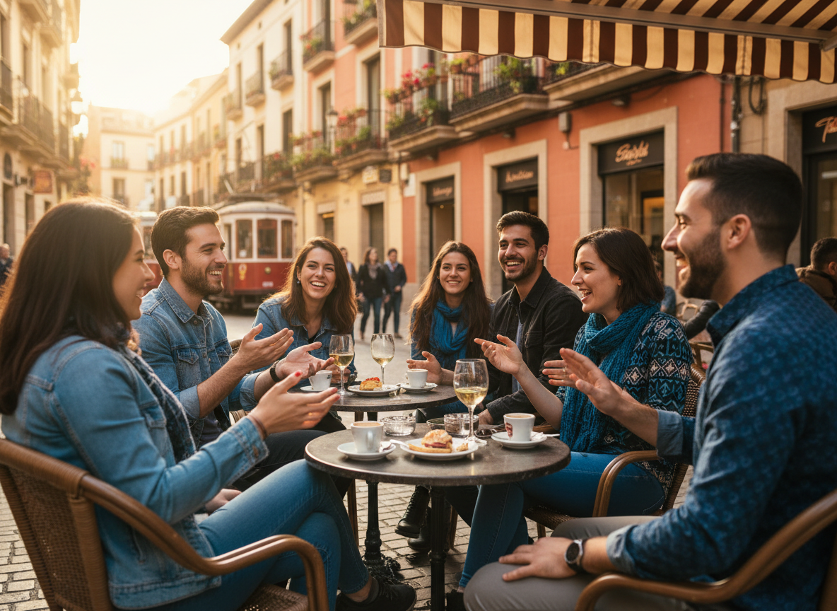 People conversing in Spanish at a vibrant outdoor café